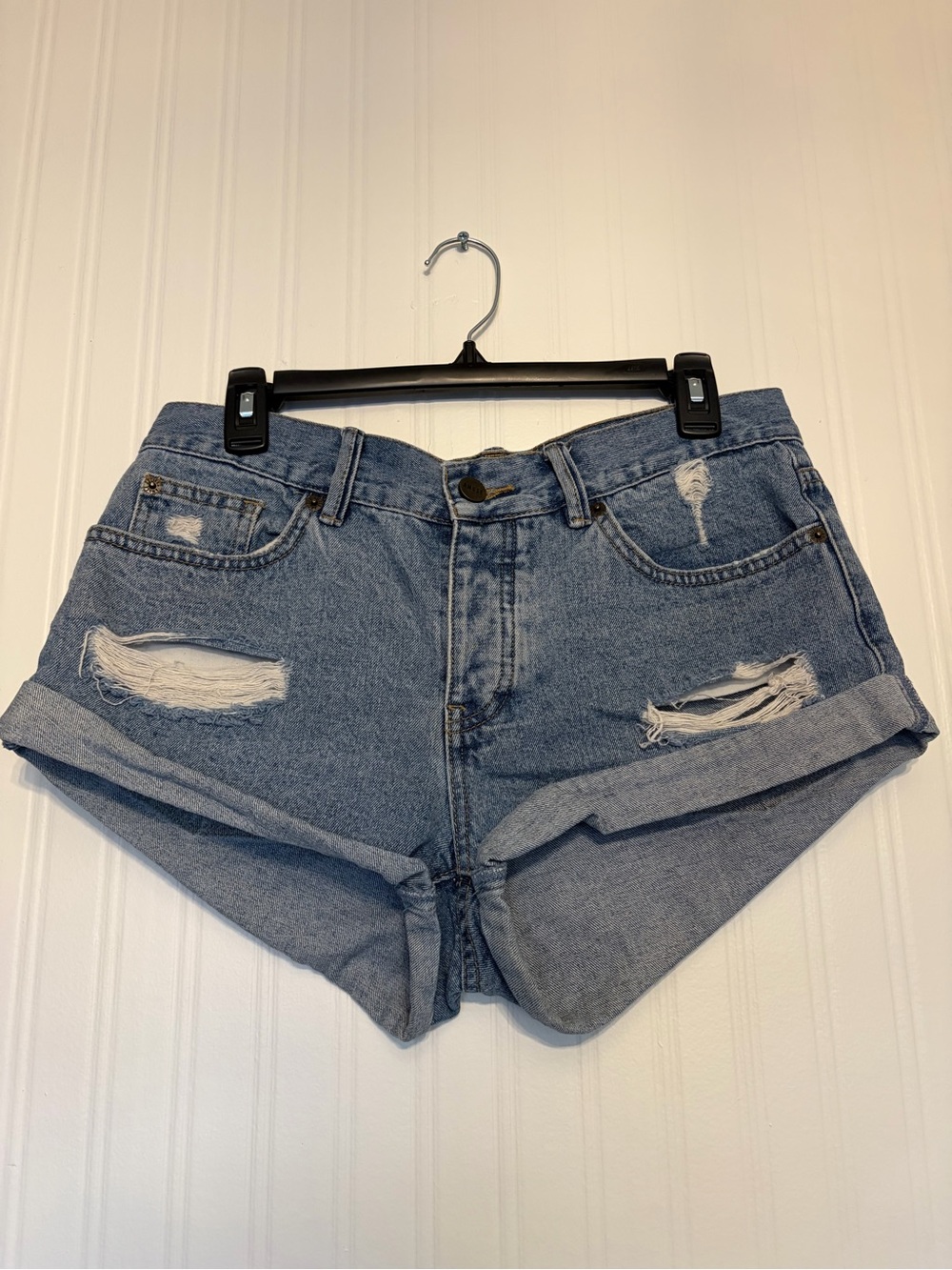 Amuse Society Light Blue Distressed High-Rise Jean Shorts